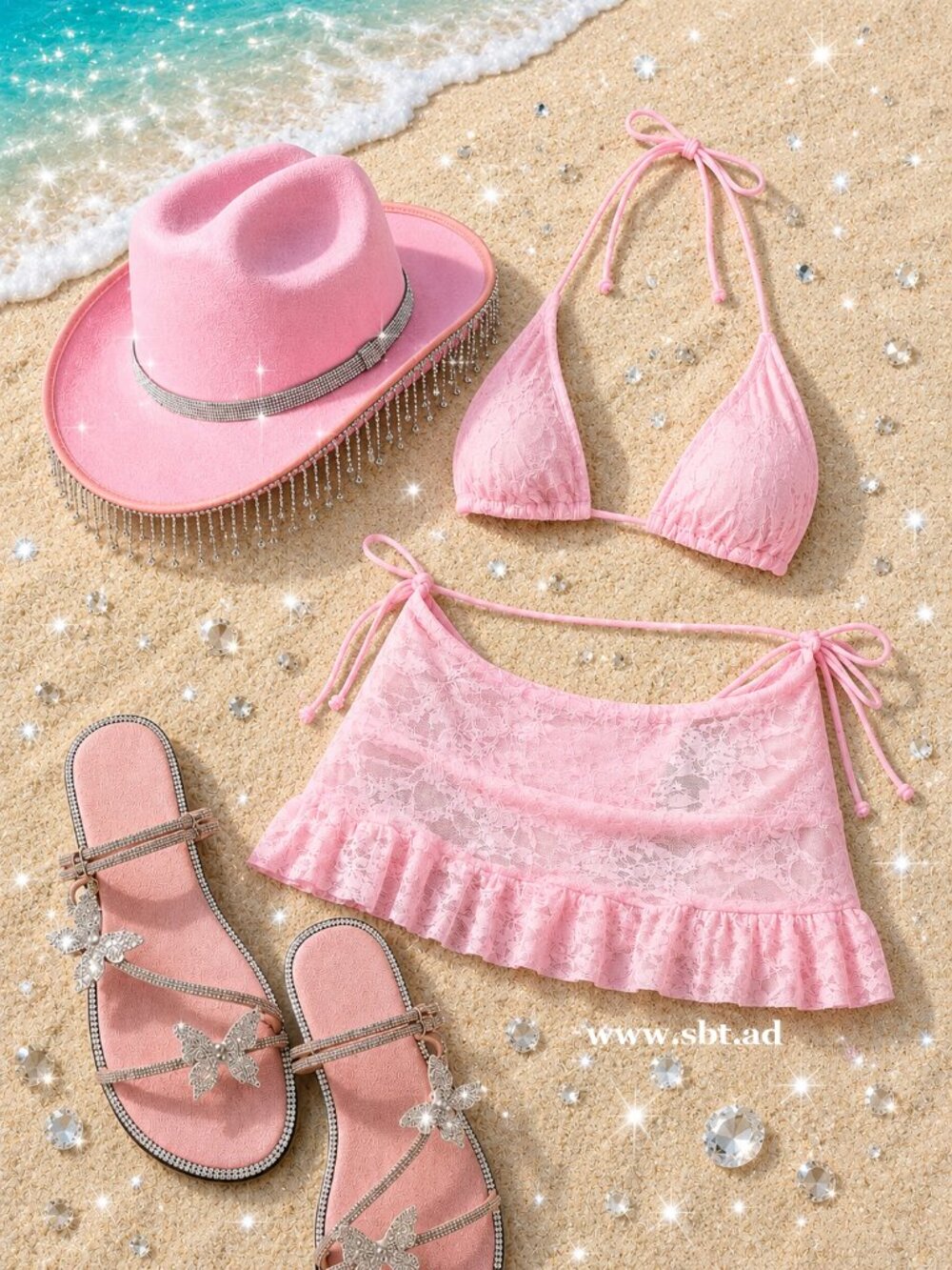 NEW Sparkling Bling Swarovski Crystal Rhinestone Hat & Sandals Pink Bikini Skirt - Picture 11 of 16